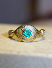 Colombian Emerald Eye Ring with Diamonds 18 Ct Yellow Gold (Available online and also to View in Person at Stardust, London 101 Walton Street)