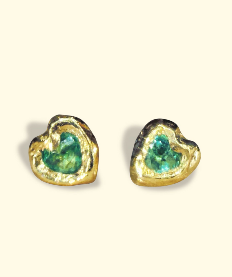 (Collected - Bespoke Variations available) Bezel Set Wobbly Baby Mini Emerald Heart Studs 18 Ct Gold (Pair)