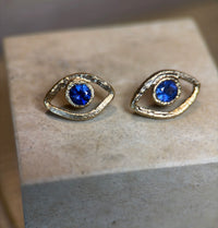 Blue Sapphire Eye Stud Earrings 18 Ct Yellow Gold
