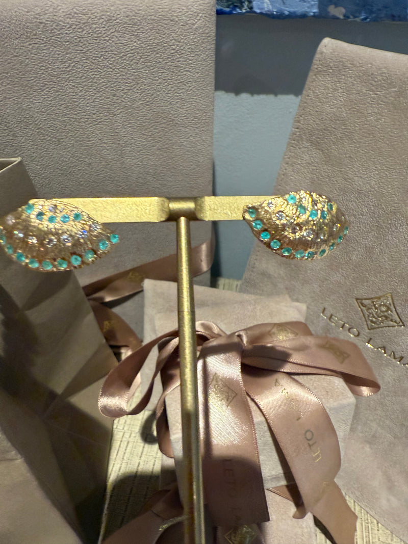 Brazilian Neon Blue Paraiba Tourmaline Large Shell Stud Earrings with Diamonds