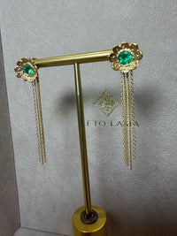 Flower Colombian Emerald Earrings 2 in 1 with removable fringe 18 Ct Gold