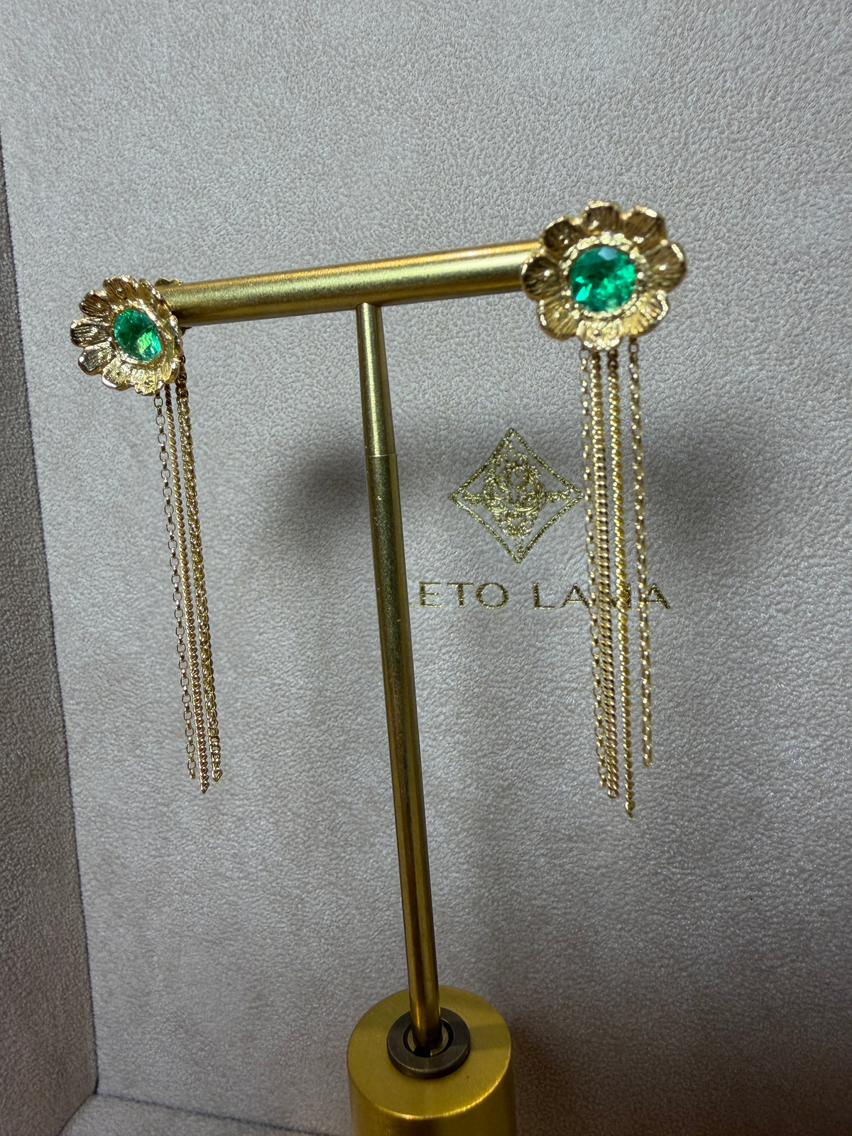 Flower Colombian Emerald Earrings 2 in 1 with removable fringe 18 Ct Gold