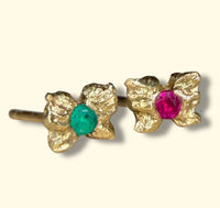 Microsculpted Colombian Emerald and Ruby Mini Studs in 18 Ct Yellow Gold (Pair)