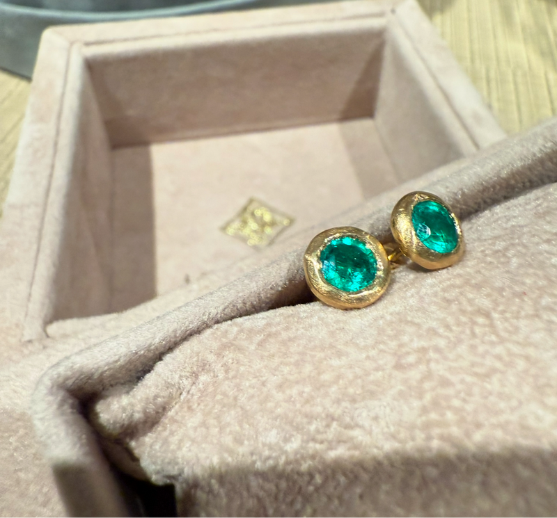 Large Natural Emerald Round Bezel Set Studs, Brushed 18 ct Yellow gold (Pair)
