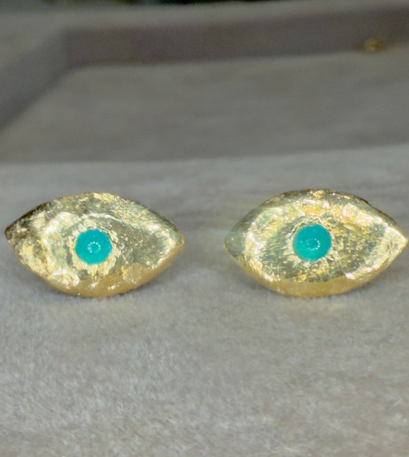 Brazilian Neon Blue Paraiba Tourmaline Princess Eye Stud Earrings (Pair)  (Available at Madlords, Paris)