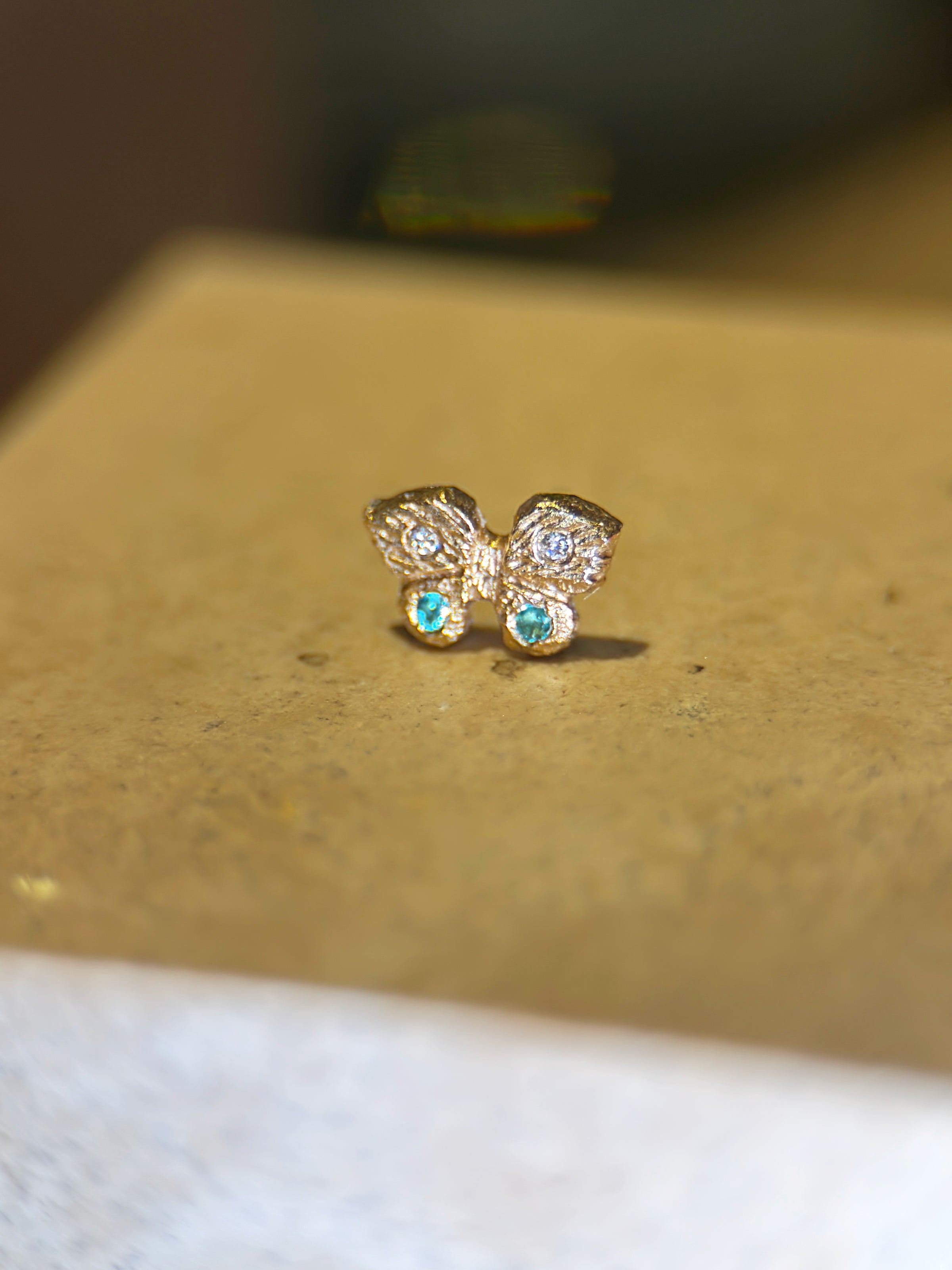 Baby Butterfly Paraiba Tourmaline and Diamonds 18 Ct Gold Stud