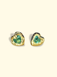(Collected - Bespoke Variations available) Bezel Set Wobbly Baby Mini Emerald Heart Studs 18 Ct Gold (Pair)