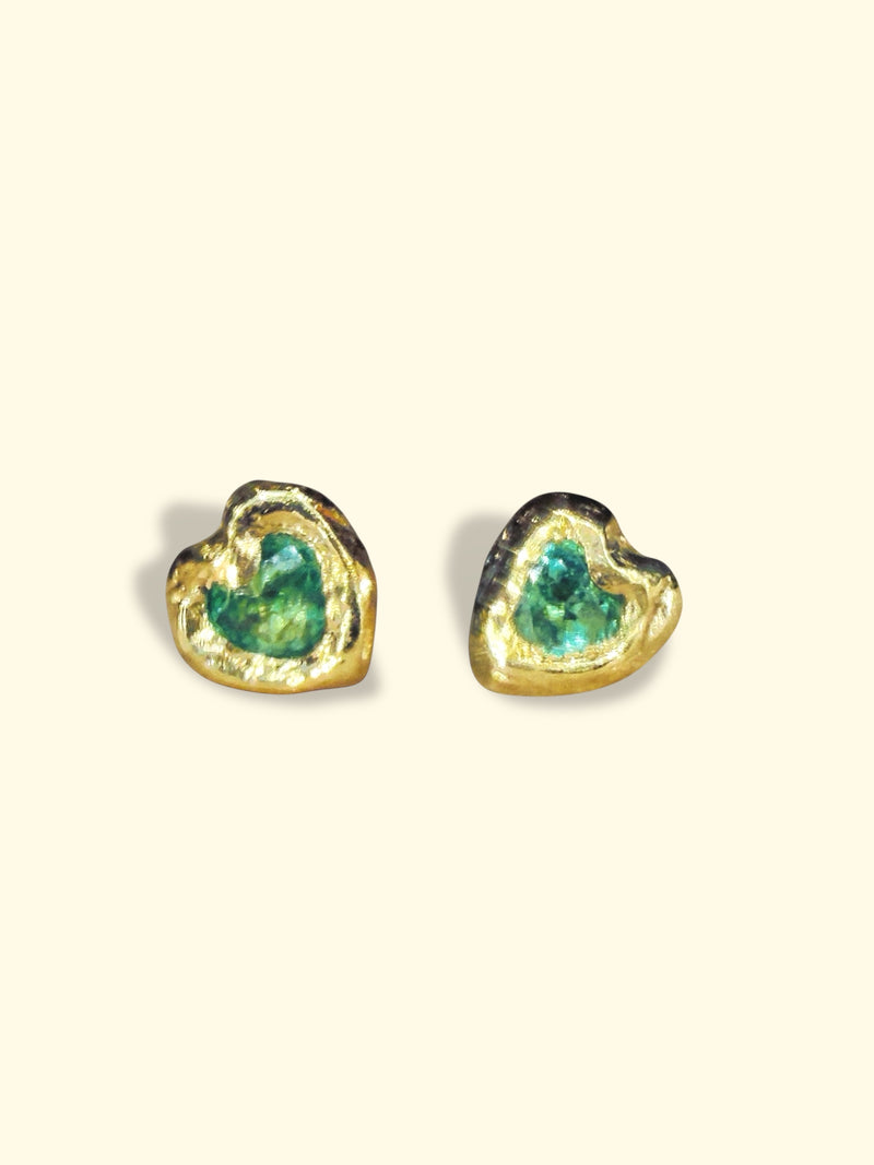 (Collected - Bespoke Variations available) Bezel Set Wobbly Baby Mini Emerald Heart Studs 18 Ct Gold (Pair)