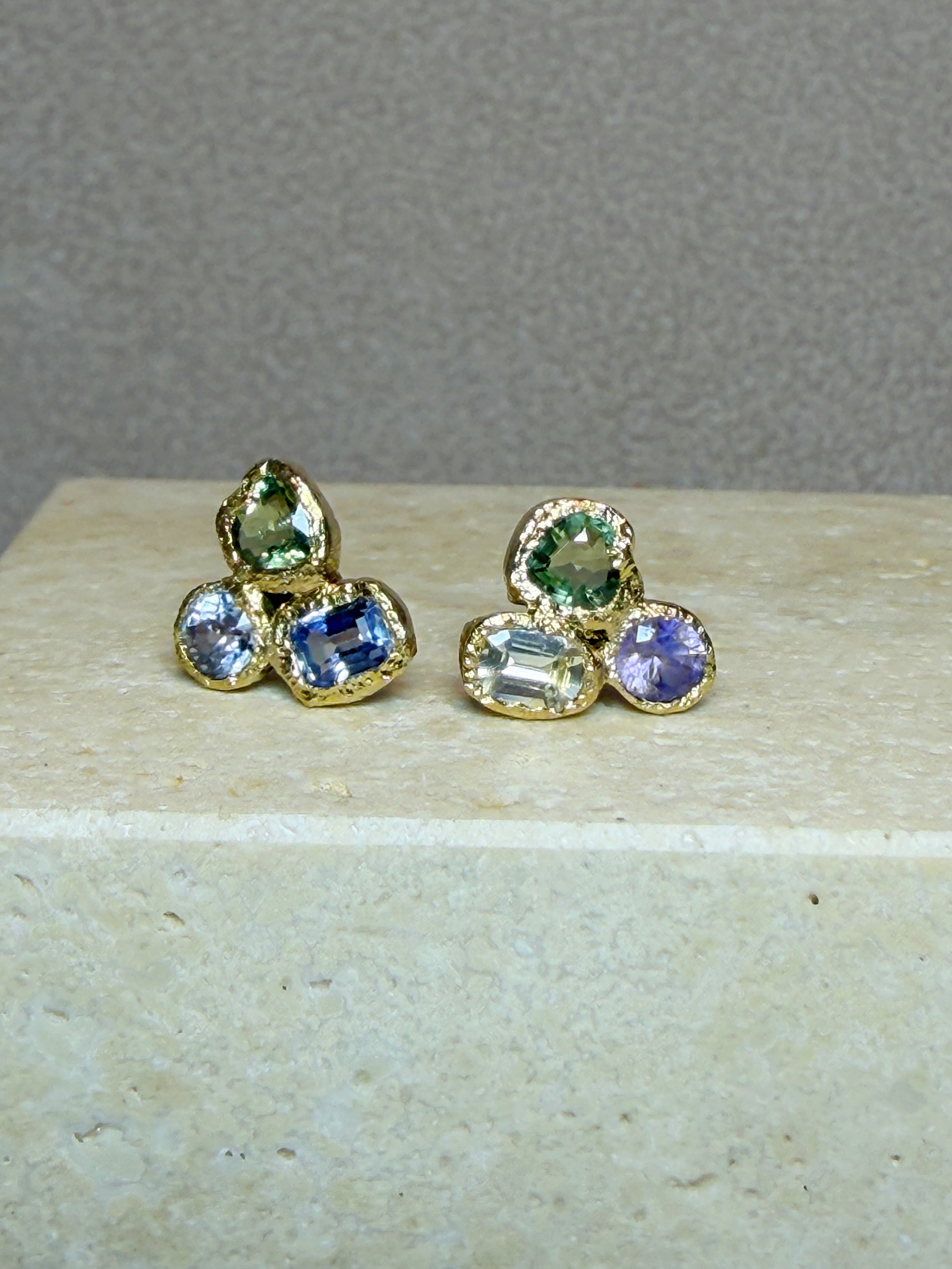 Puzzle Studs Abstract Sapphires 18 Ct Gold Bezel (Pair)
