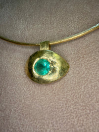 “Esmeralda Eye” Certified 2 Ct Emerald Round Large Evil Eye Wire Torque Collar Necklace 18 Ct Gold