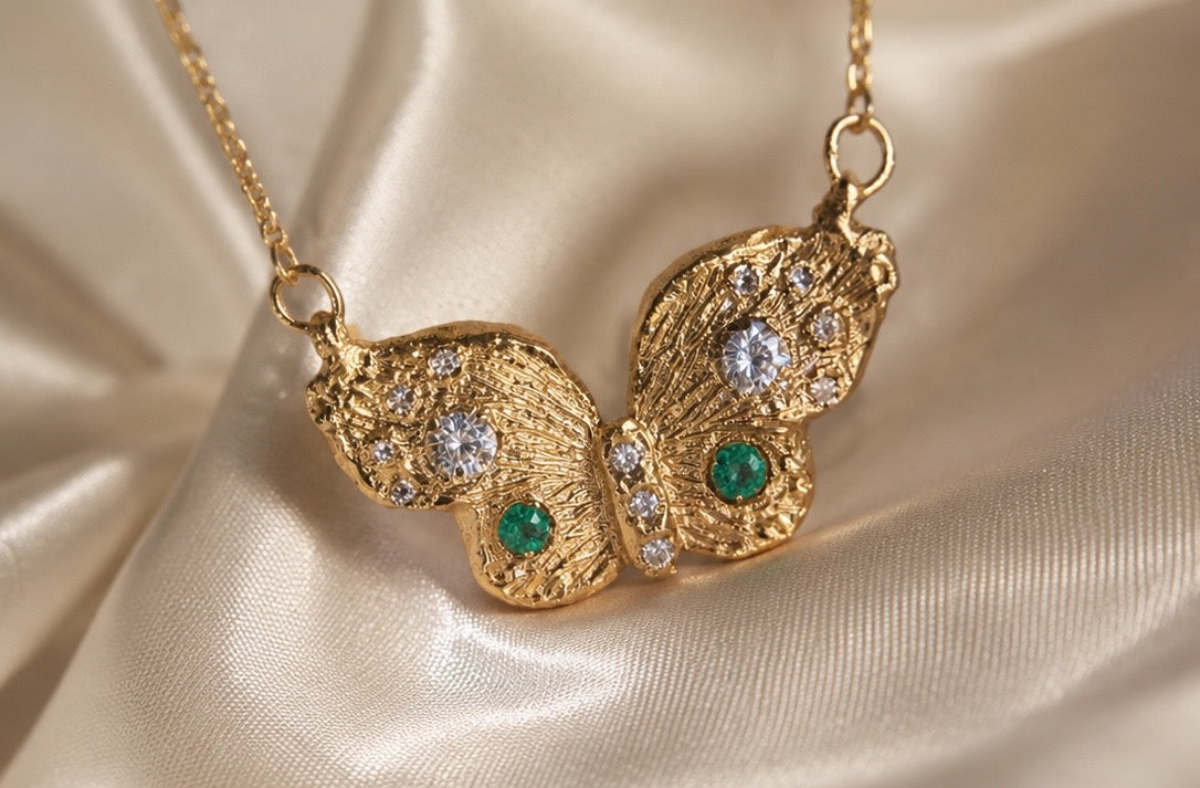 Butterfly Necklace with Diamonds and Colombian Emeralds