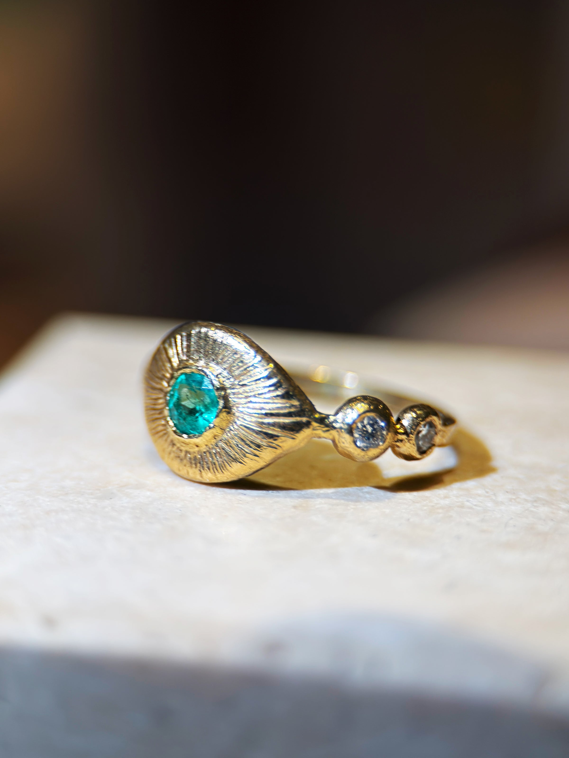 Colombian Emerald Eye Ring with Diamonds 18 Ct Yellow Gold (Available online and also to View in Person at Stardust, London 101 Walton Street)