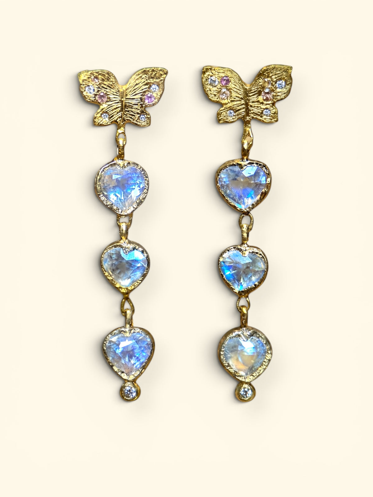 Butterfly Moonstone Heart Drop Earrings with Pastel Sapphires in 18 Ct Gold