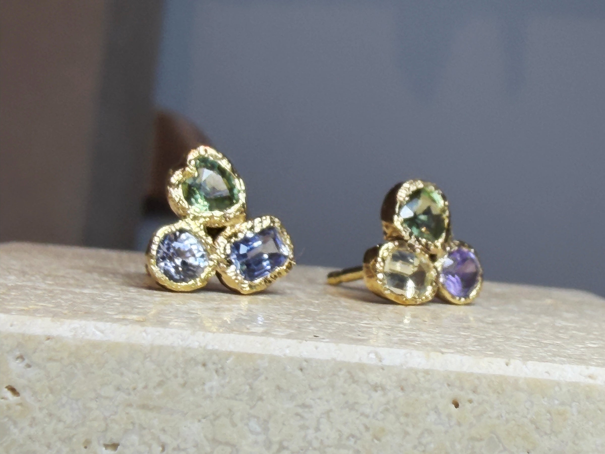 Puzzle Studs Abstract Sapphires 18 Ct Gold Bezel (Pair)