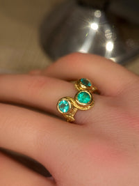 Three Colombian Emeralds Snake Ring 18 Ct Yellow Gold