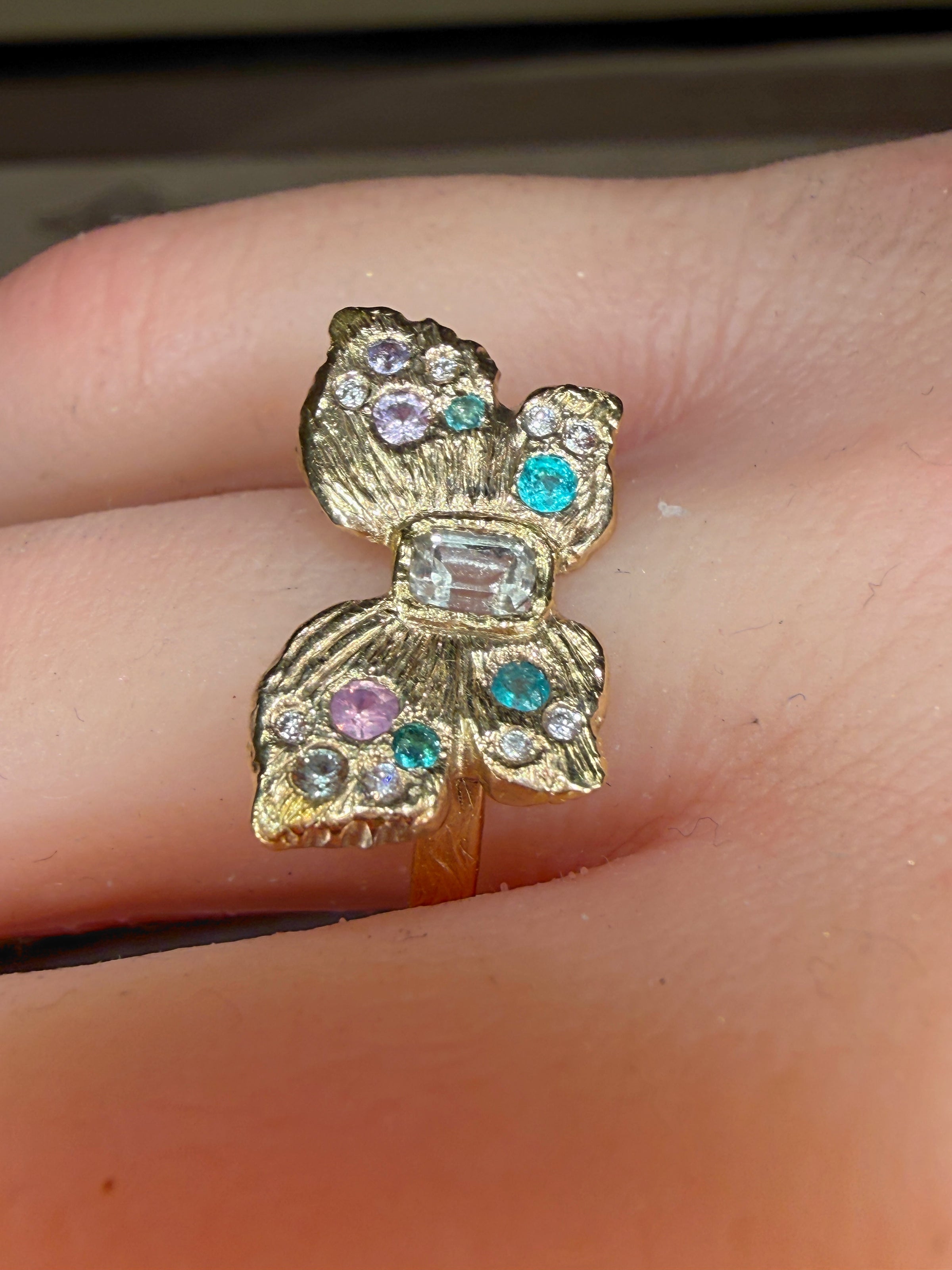 “Happiness” Butterfly Ring Sapphires, Paraibas and Diamonds in 18 Ct Gold (Available at Tomfoolery London)