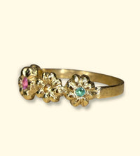 Microsculpted Flower Band Sapphires and Paraiba Tourmaline in 18 Ct Gold Ring (Available At Tomfoolery London)