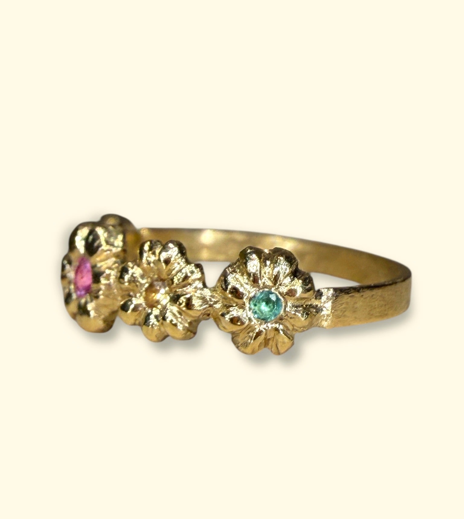 Microsculpted Flower Band Sapphires and Paraiba Tourmaline in 18 Ct Gold Ring (Available At Tomfoolery London)