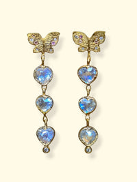 Butterfly Moonstone Heart Drop Earrings with Pastel Sapphires in 18 Ct Gold