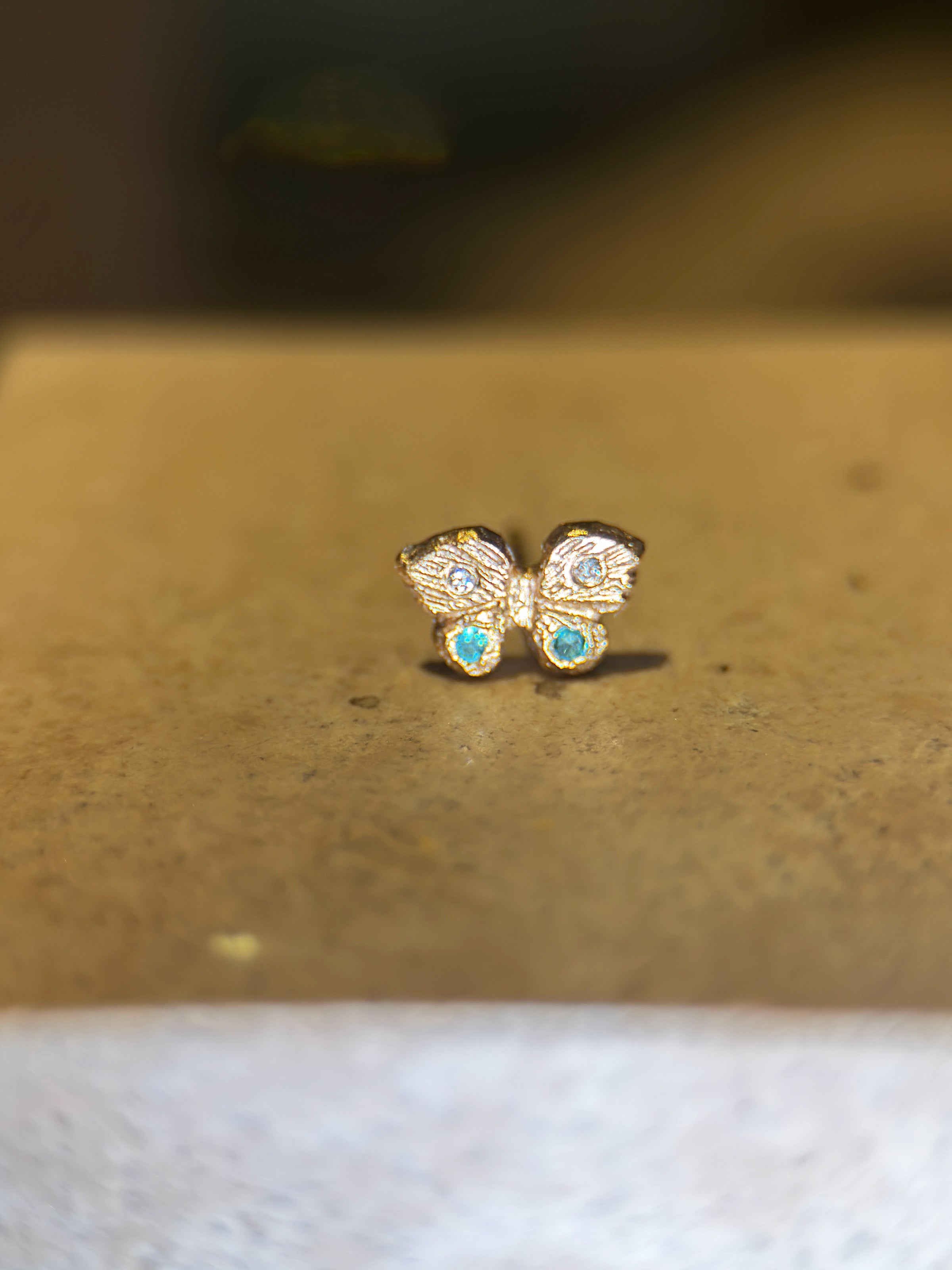 Baby Butterfly Paraiba Tourmaline and Diamonds 18 Ct Gold Stud