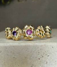 Microsculpted Flower Band Sapphires and Paraiba Tourmaline in 18 Ct Gold Ring (Available At Tomfoolery London)