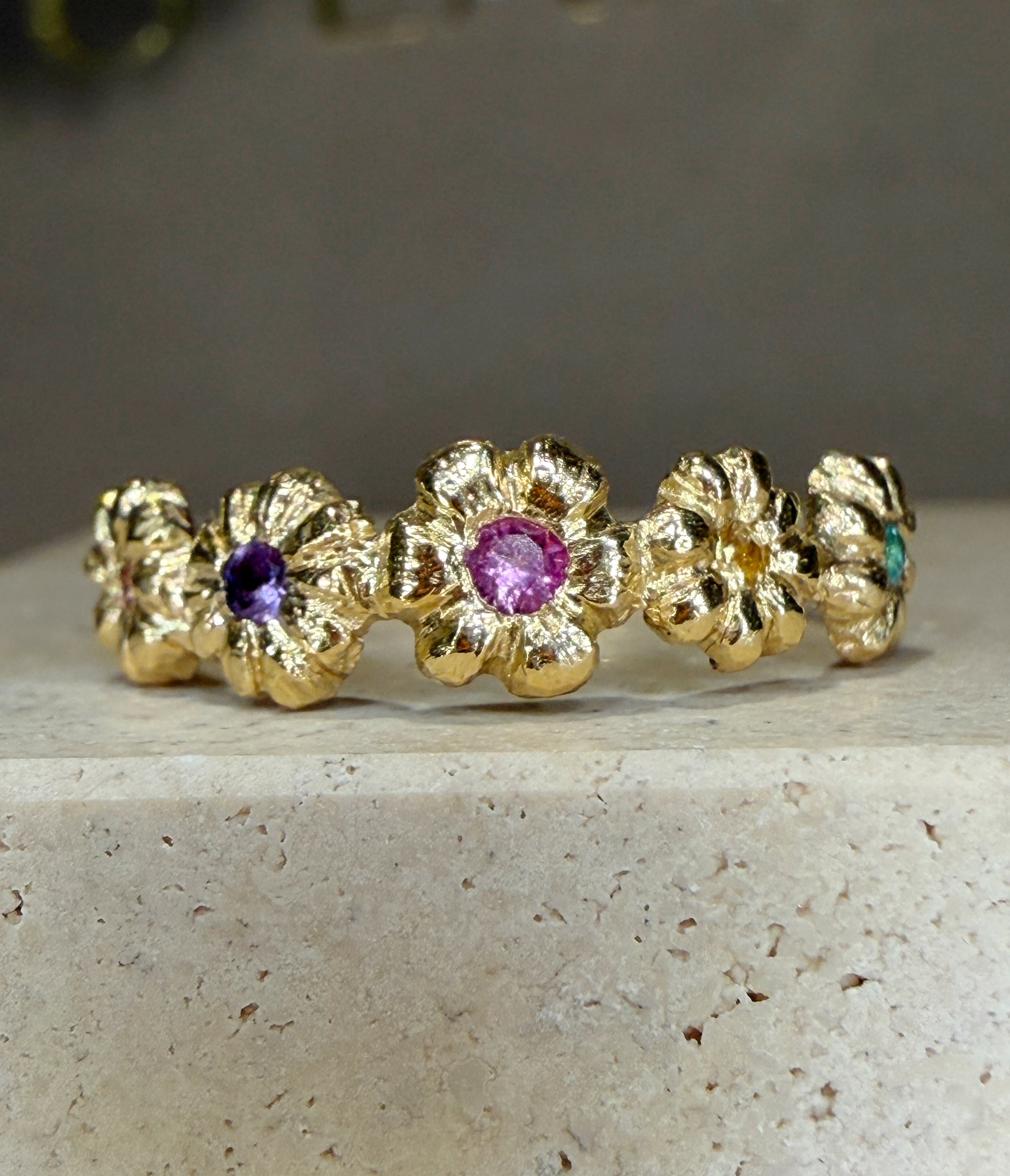 Microsculpted Flower Band Sapphires and Paraiba Tourmaline in 18 Ct Gold Ring (Available At Tomfoolery London)