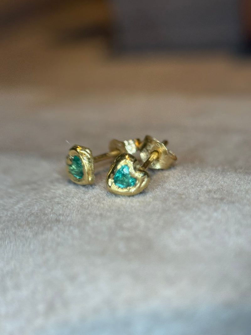 (Collected - Bespoke Variations available) Bezel Set Wobbly Baby Mini Emerald Heart Studs 18 Ct Gold (Pair)