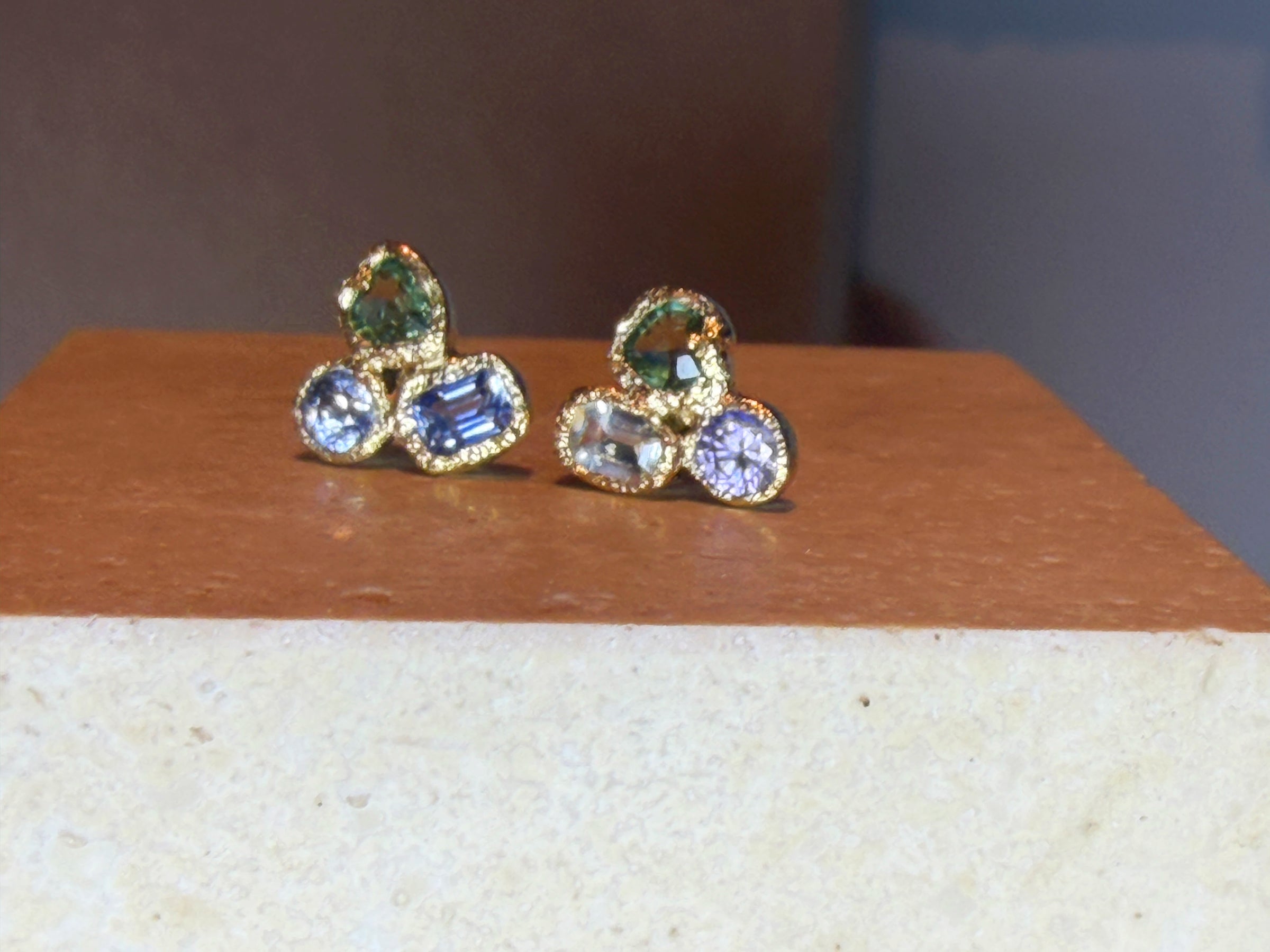 Puzzle Studs Abstract Sapphires 18 Ct Gold Bezel (Pair)