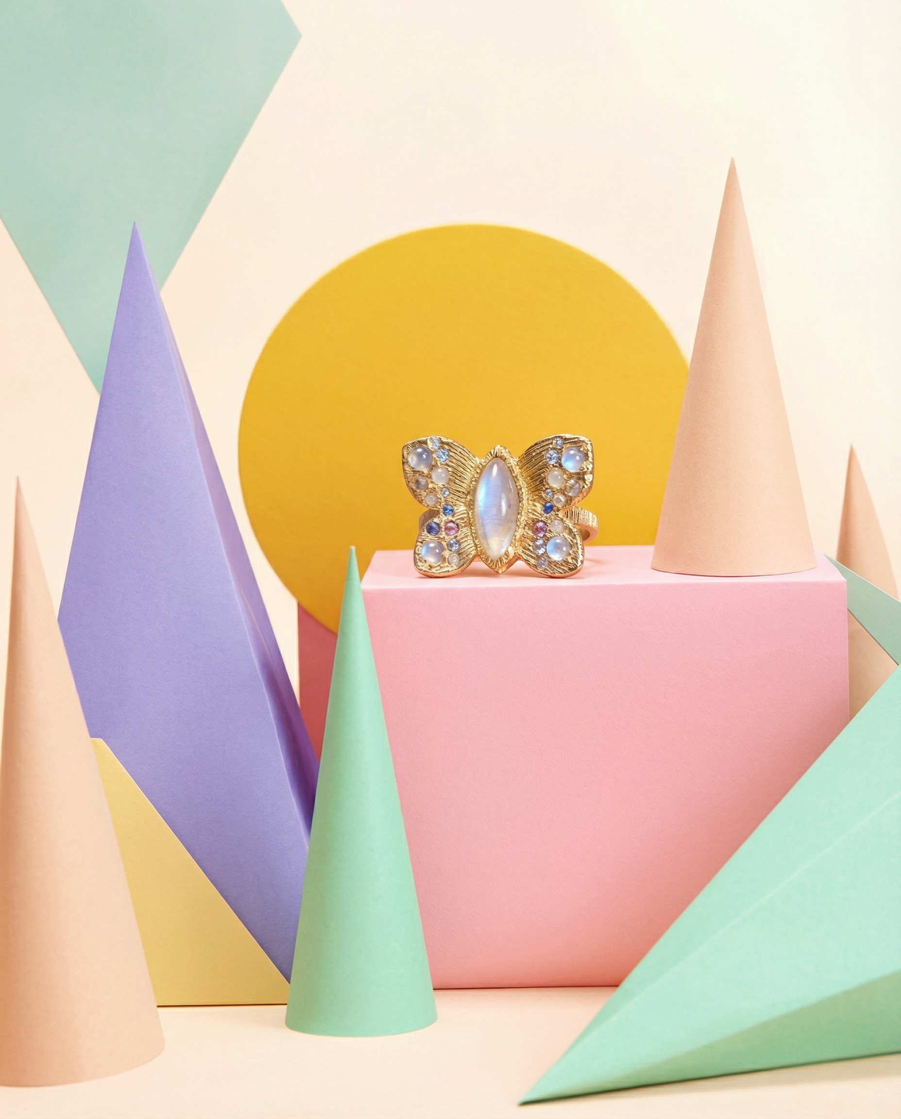 “Winterfly” 18 Ct Gold Moonstones & Diamonds Art Ring (Available at Tomfoolery London)