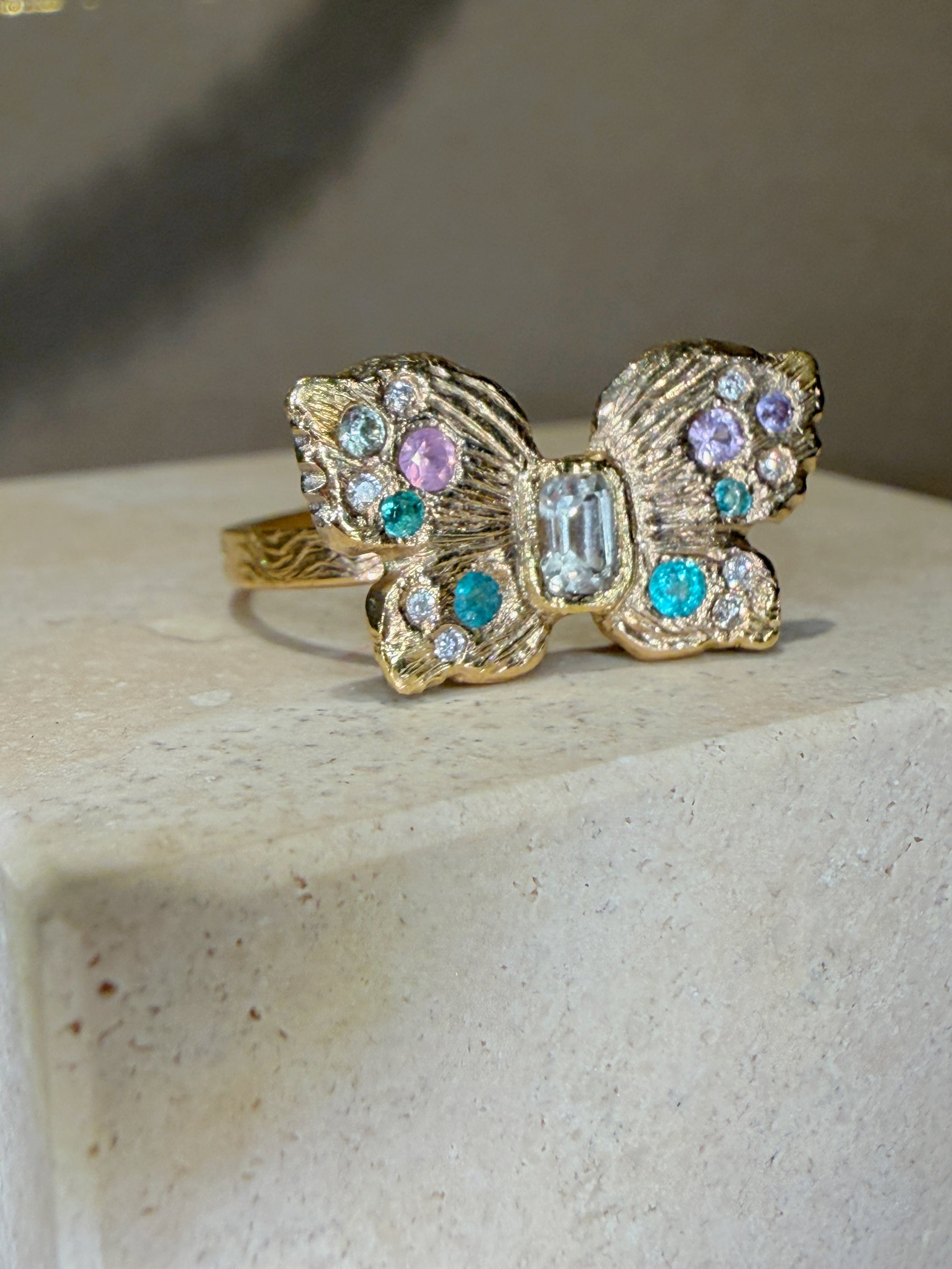 “Happiness” Butterfly Ring Sapphires, Paraibas and Diamonds in 18 Ct Gold (Available at Tomfoolery London)