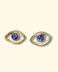 Blue Sapphire Eye Stud Earrings 18 Ct Yellow Gold