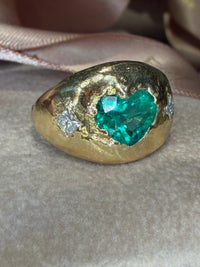Chubby Cupid Band Colombian Emerald Heart Ring with Princess Diamonds 18 Ct Gold