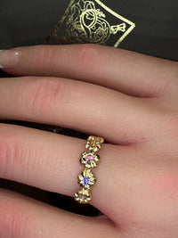 Microsculpted Flower Band Sapphires and Paraiba Tourmaline in 18 Ct Gold Ring (Available At Tomfoolery London)