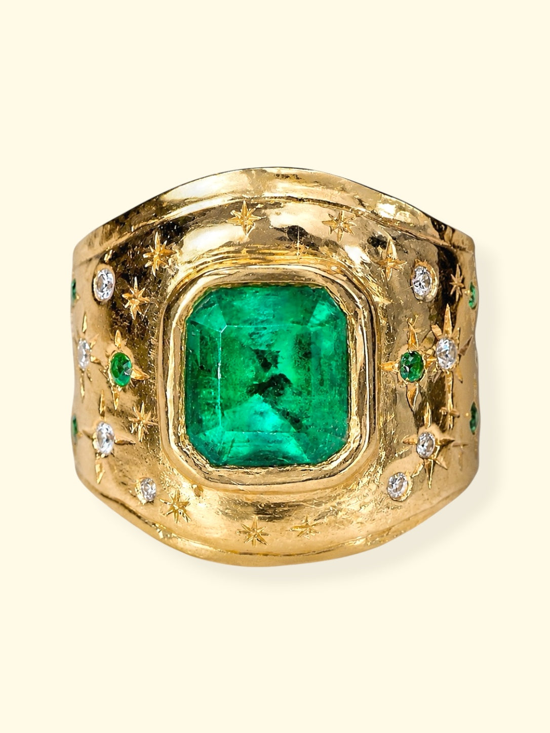 “Esmeralda” Colombian Emerald Cigar Ring Band GIA certified 1.48 Cts with Emeralds and Diamonds (Available online and also to View in Person at Stardust, London 101 Walton Street)