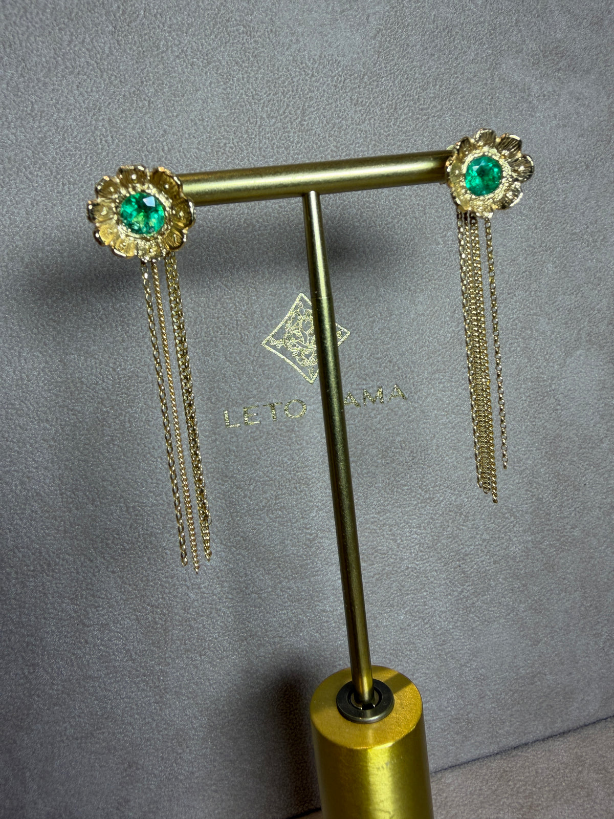 Flower Colombian Emerald Earrings 2 in 1 with removable fringe 18 Ct Gold