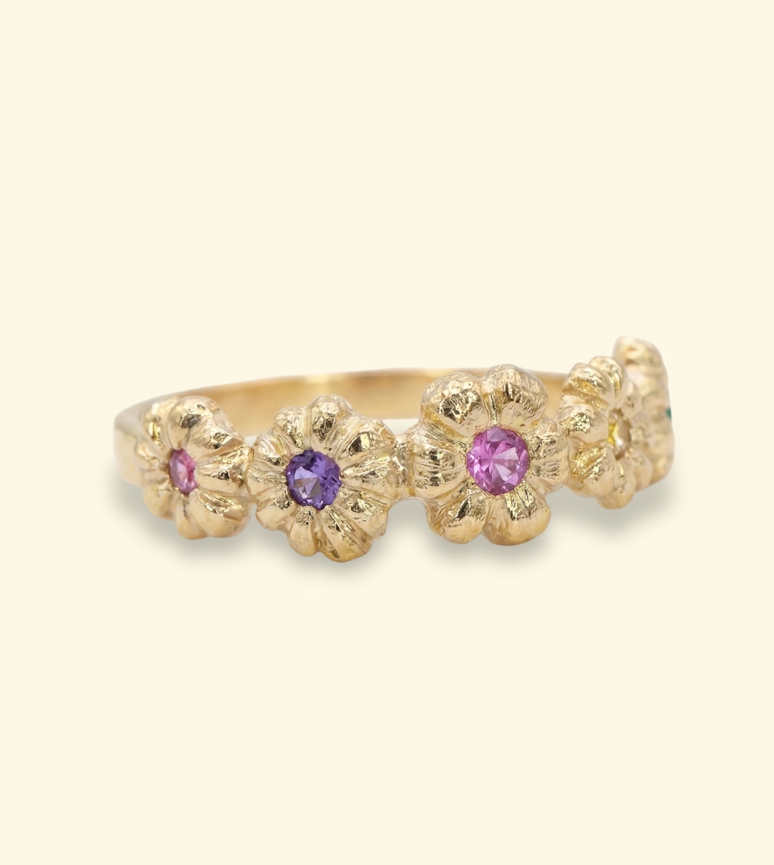 Microsculpted Flower Band Sapphires and Paraiba Tourmaline in 18 Ct Gold Ring (Available At Tomfoolery London)