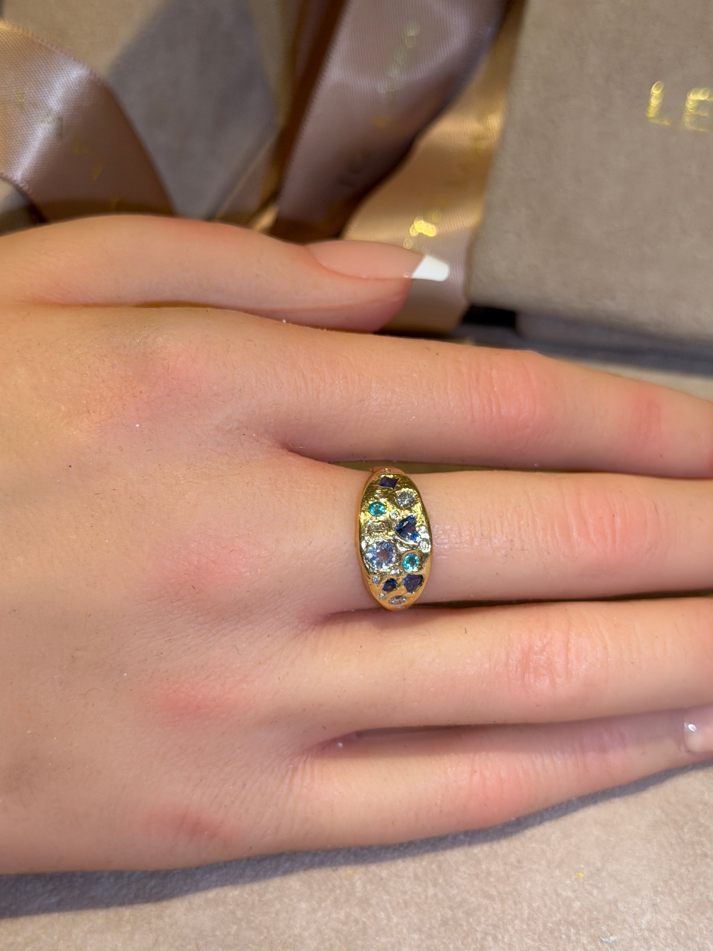 Abyss Sea Abstract Ring with Sapphires, Paraibas Tourmalines, Diamonds 18 Ct Gold