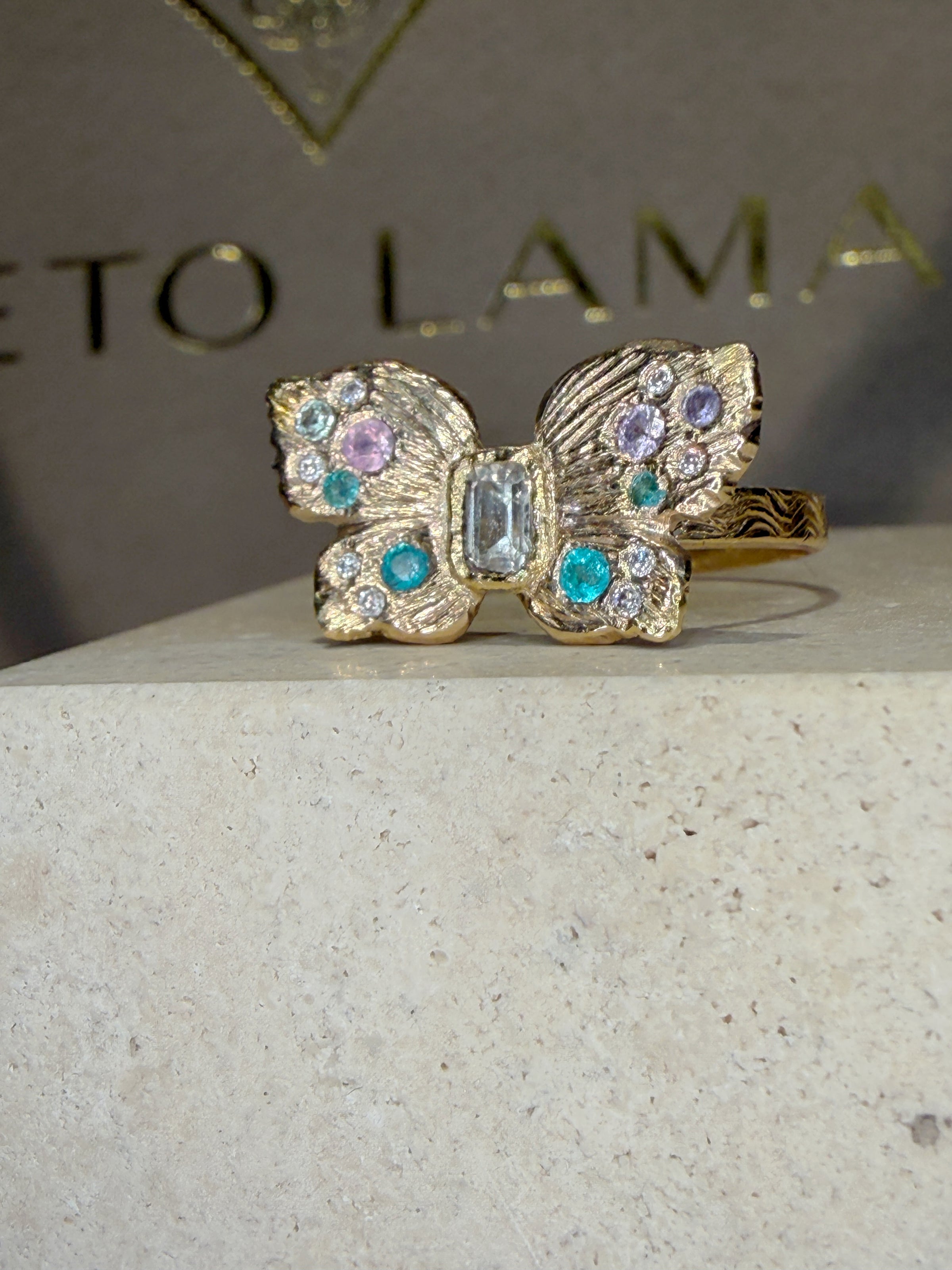 “Happiness” Butterfly Ring Sapphires, Paraibas and Diamonds in 18 Ct Gold (Available at Tomfoolery London)