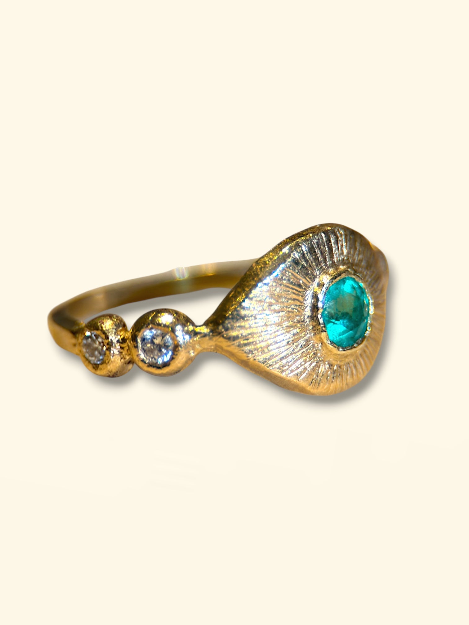 Colombian Emerald Eye Ring with Diamonds 18 Ct Yellow Gold (Available online and also to View in Person at Stardust, London 101 Walton Street)