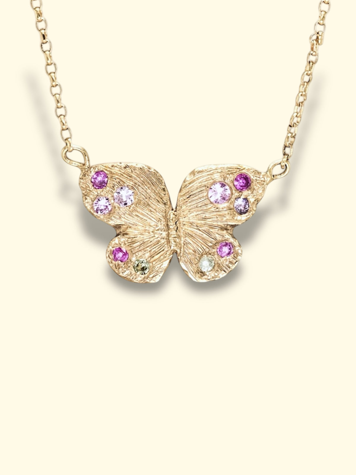 18 Ct Gold Butterfly Pastel Sapphires Necklace (Available at Tomfoolery)