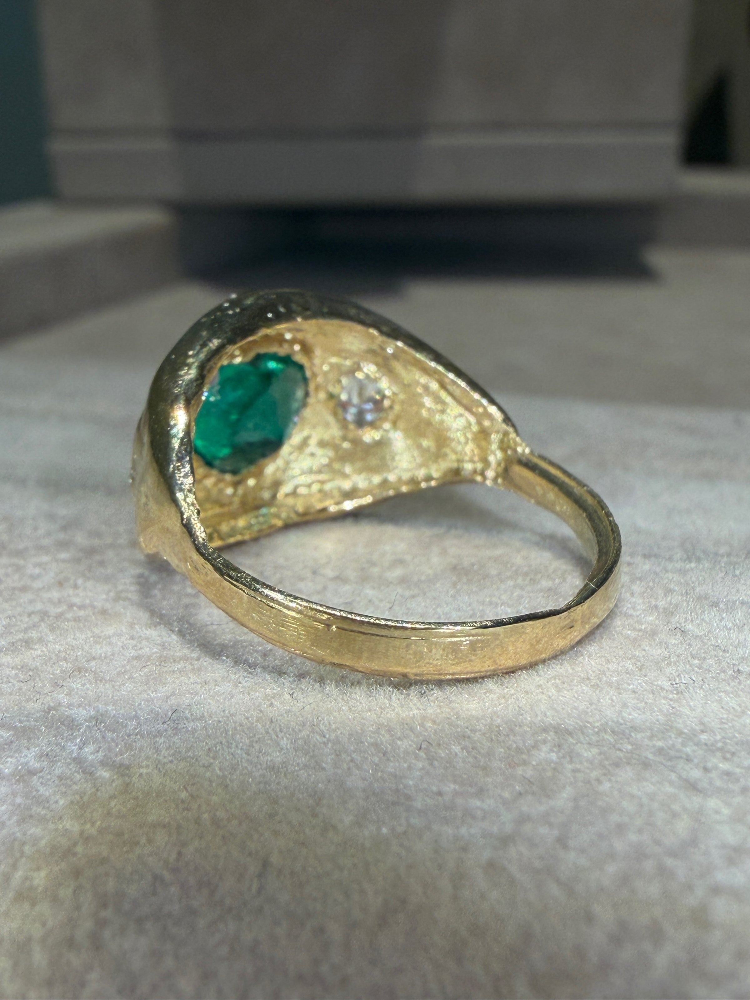 Chubby Cupid Band Colombian Emerald Heart Ring with Princess Diamonds 18 Ct Gold