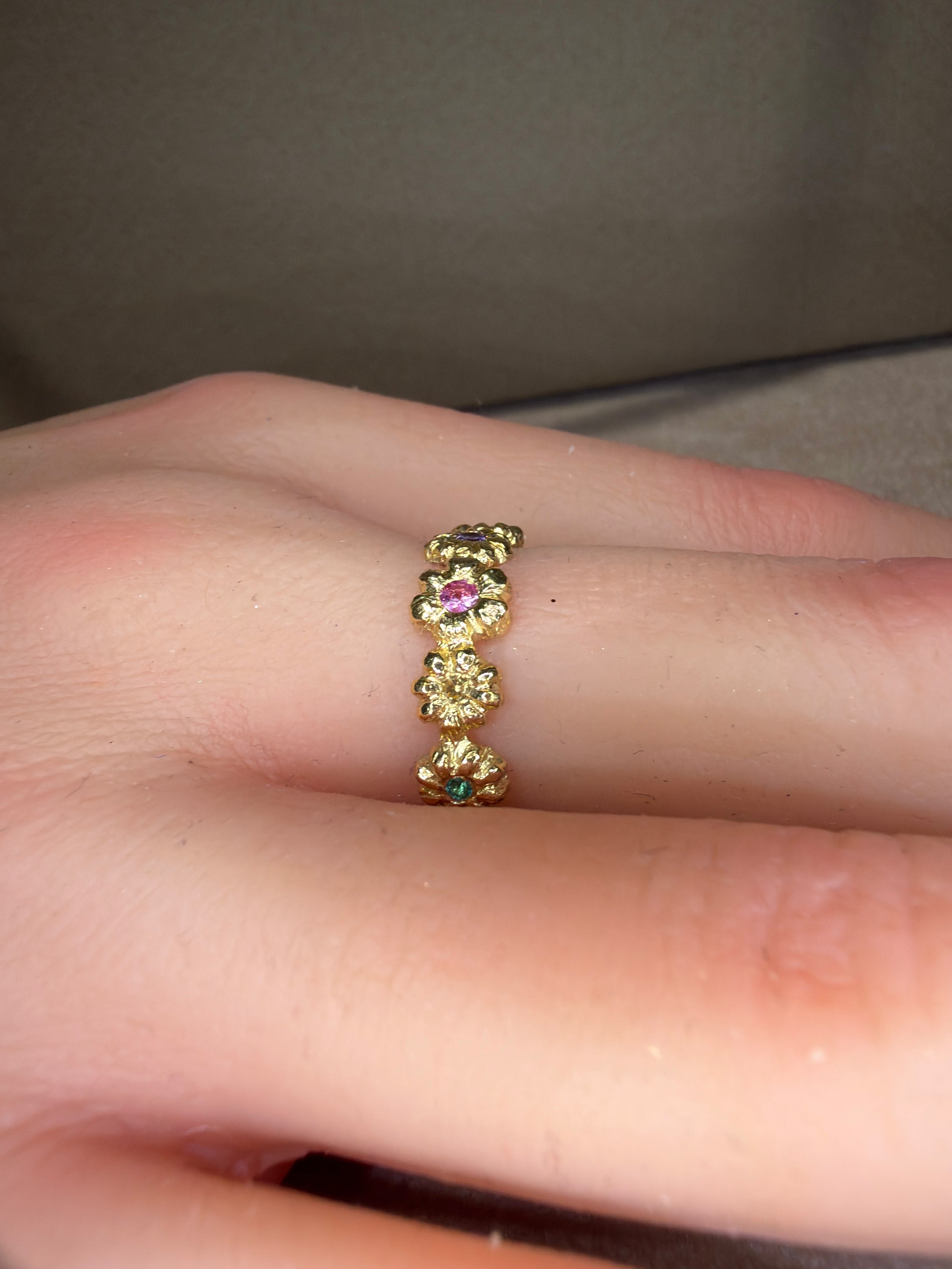 Microsculpted Flower Band Sapphires and Paraiba Tourmaline in 18 Ct Gold Ring (Available At Tomfoolery London)