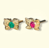 Microsculpted Colombian Emerald and Ruby Mini Studs in 18 Ct Yellow Gold (Pair)