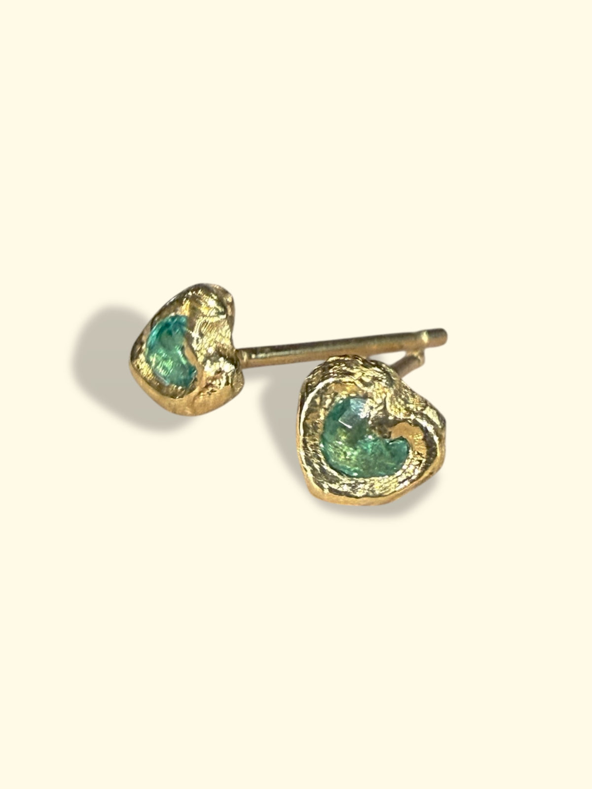 (Collected - Bespoke Variations available) Bezel Set Wobbly Baby Mini Emerald Heart Studs 18 Ct Gold (Pair)