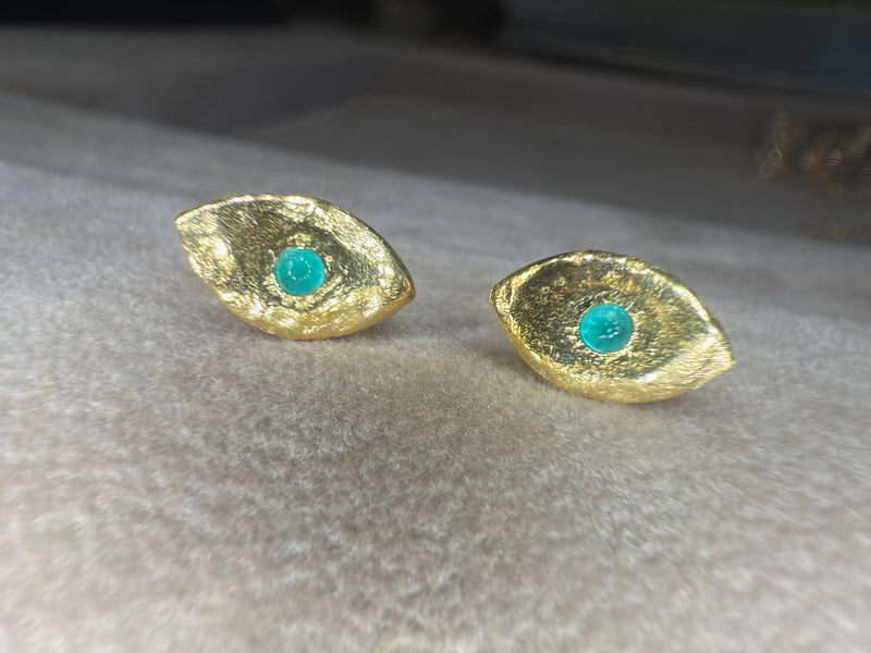 Brazilian Neon Blue Paraiba Tourmaline Princess Eye Stud Earrings (Pair)  (Available at Madlords, Paris)