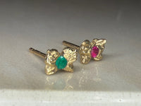 Microsculpted Colombian Emerald and Ruby Mini Studs in 18 Ct Yellow Gold (Pair)