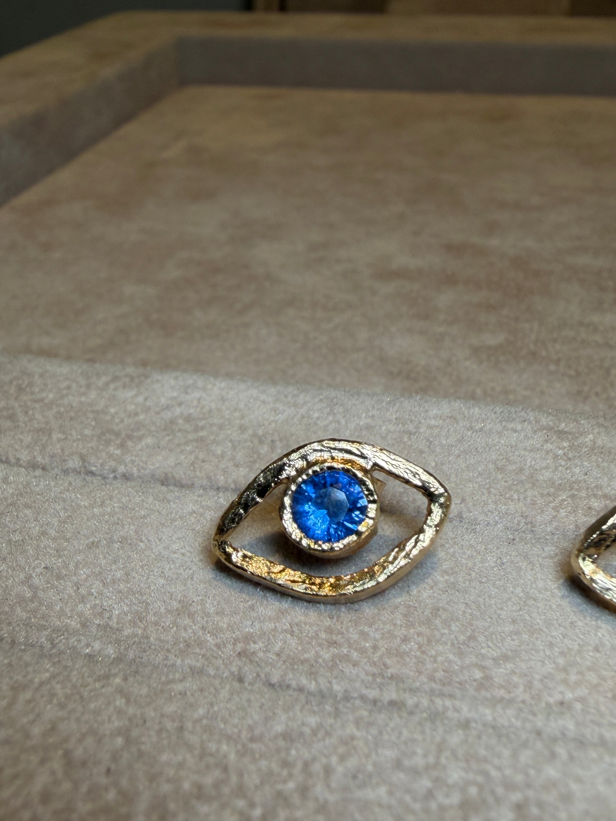 Blue Sapphire Eye Stud Earrings 18 Ct Yellow Gold