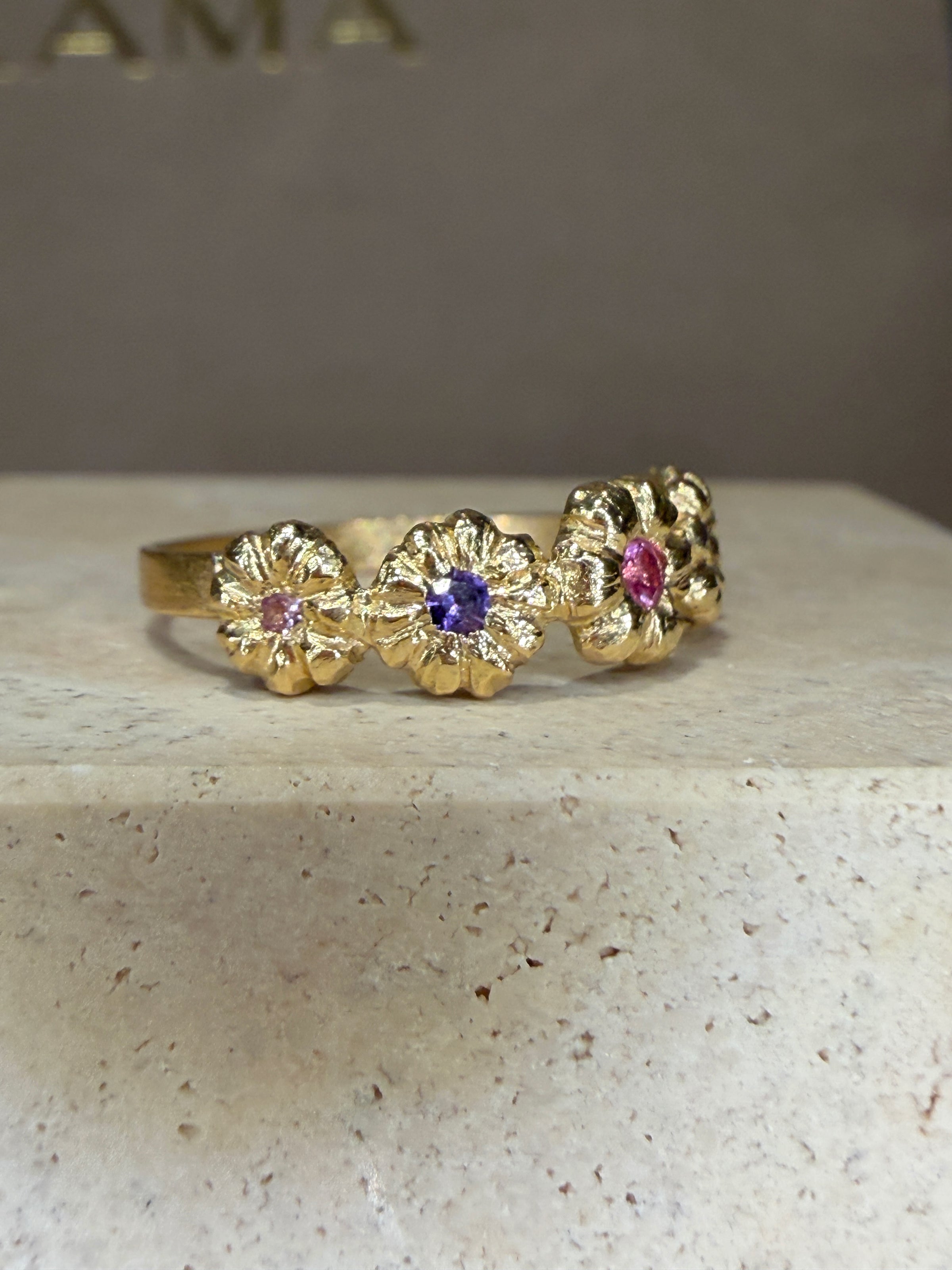 Microsculpted Flower Band Sapphires and Paraiba Tourmaline in 18 Ct Gold Ring (Available At Tomfoolery London)