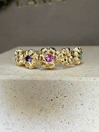 Microsculpted Flower Band Sapphires and Paraiba Tourmaline in 18 Ct Gold Ring (Available At Tomfoolery London)