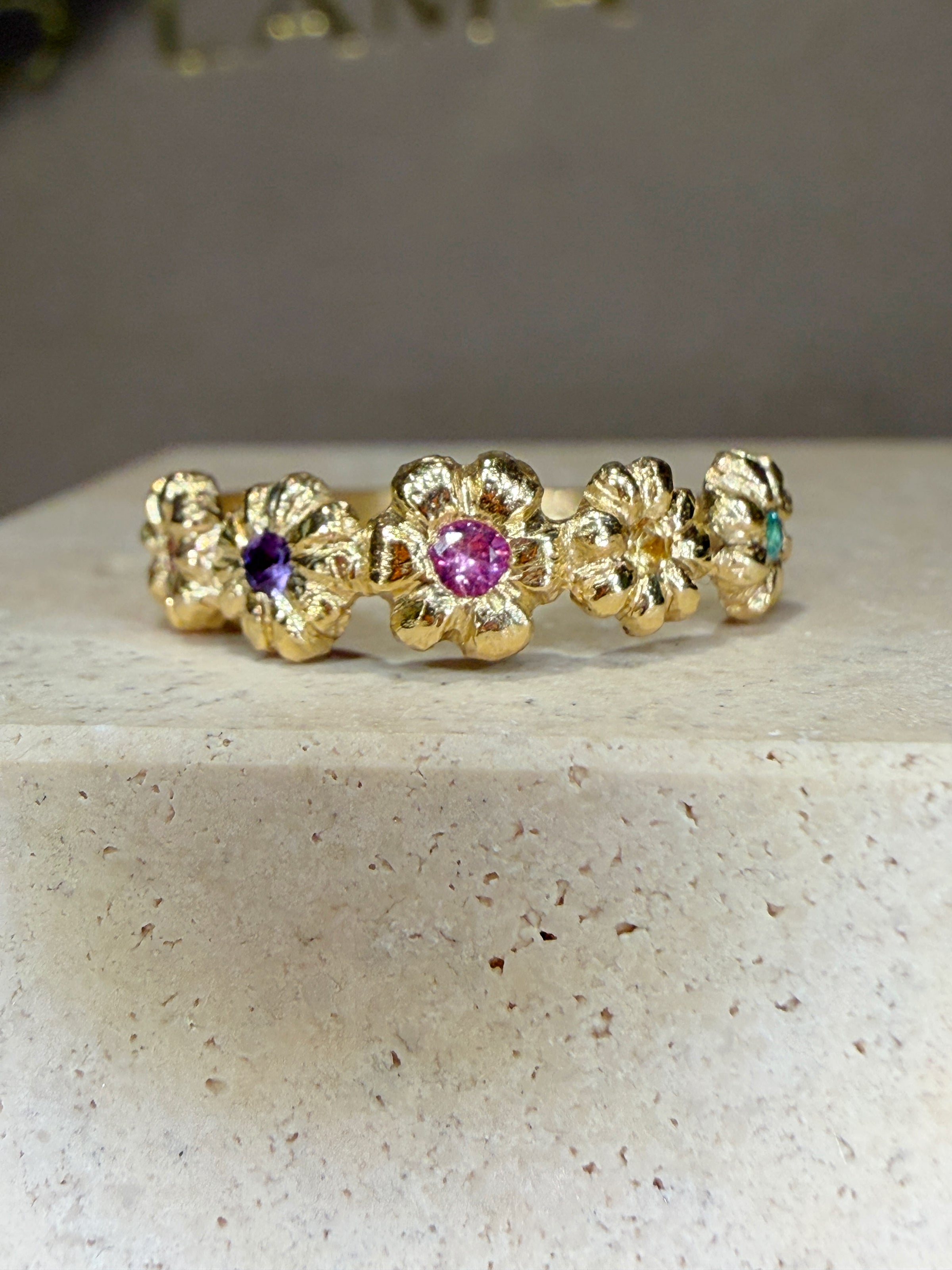 Microsculpted Flower Band Sapphires and Paraiba Tourmaline in 18 Ct Gold Ring (Available At Tomfoolery London)